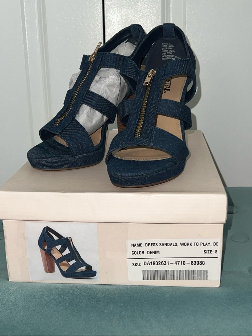 JustFab Denim Blue Front-Zip Strappy Block Heels